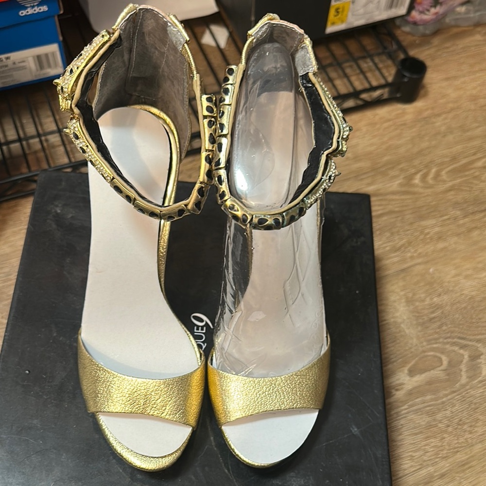 Boutique 9 Gold and Black Ankle Strap Heels